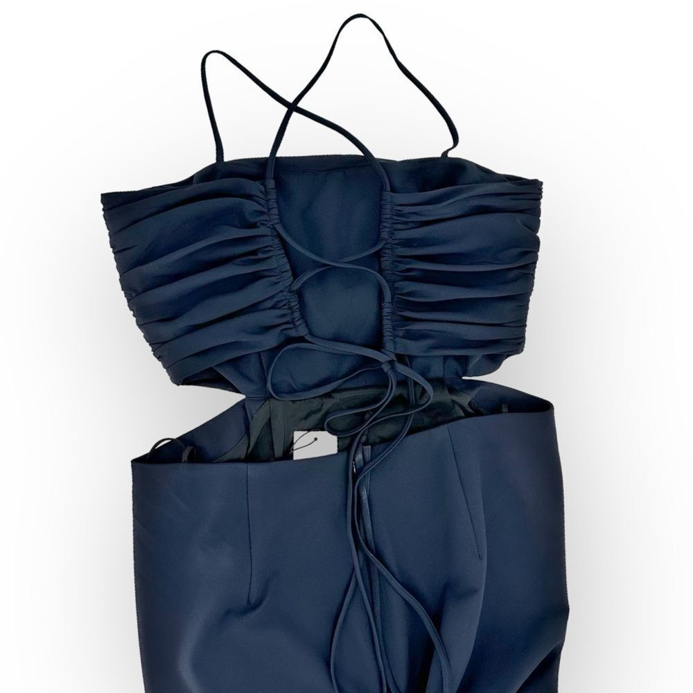 CINQ À SEPT NWT Judy Ruched Navy Backless Midi-Dress- size 12- sexy classic - Picture 11 of 13